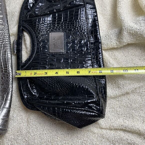 Lot of 2 Nicole Miller Faux Exotic Leather Clutch Kiss Lock‎ Black/silver - Picture 3 of 9